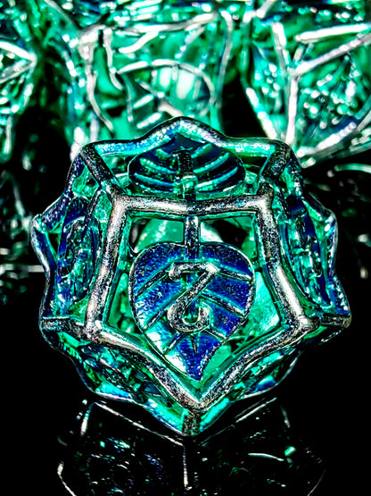 DnD Dice Set - 7 Piece Zinc Alloy Metal Dice with Leaf Pattern, Green Base Silver Numbers for RPG, Dungeons & Dragons