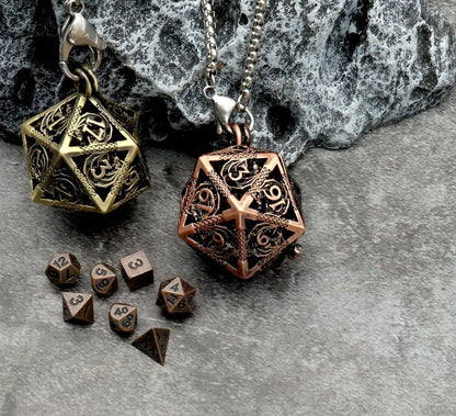 Dice Necklace Mini Dice Set with Copper Hollow D20 Necklace Case Antique Tiny Small Metal DND D&D