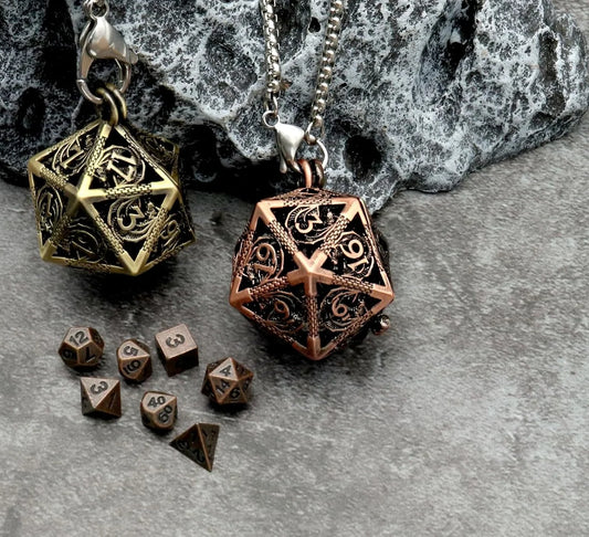 Dice Necklace Mini Dice Set with Copper Hollow D20 Necklace Case Antique Tiny Small Metal DND D&D
