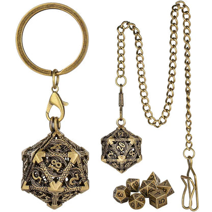 Portable Keychain with Hollow D20 Metal Case Tiny 7pcs Polyhedral Metal Dice Set Gaming Dices Accessory Necklace Pendant Chain