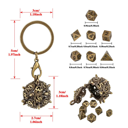 7pcs/set Tiny Metal Polyhedral Dice with Necklace Chain Key Ring D20 Storage Case Entertainment Table Board Role Play Game