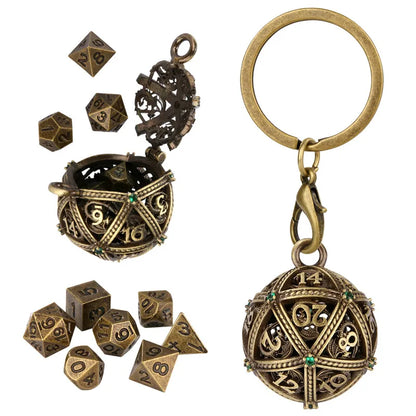 7pcs Mini Metal Polyhedral Dice Set RPG Gaming Dices Storage Case Hollow Round D20 Case Pendant Key Ring Necklace Chain Gift