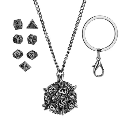 7pcs/set Tiny Metal Polyhedral Dice with Necklace Chain Key Ring D20 Storage Case Entertainment Table Board Role Play Game
