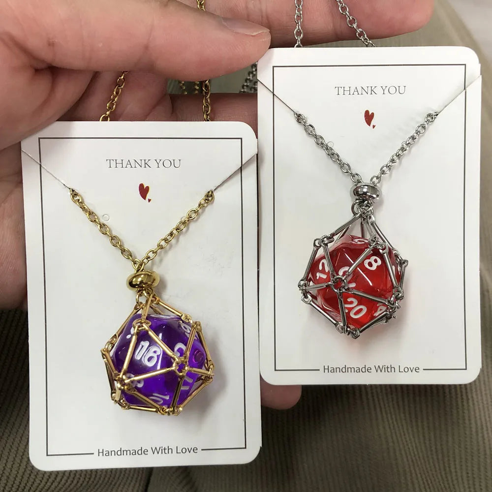 Board Game Acrylic 20D Dice Necklace Metal Net Cage Interchangeable Pendant Dice Necklace Accessories Lovers Fans Gift Props
