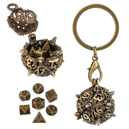 7pcs/set Tiny Metal Polyhedral Dice with Necklace Chain Key Ring D20 Storage Case Entertainment Table Board Role Play Game