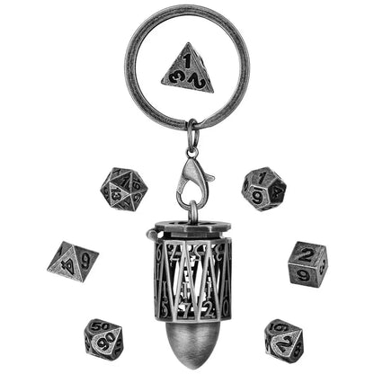 Portable Key Chain with Hollow D20 Metal Case Tiny 7pcs Polyhedral Metal Dice Set Gaming Dices Storage Case Necklace Chain