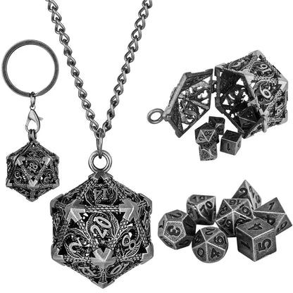 Portable Keychain with Hollow D20 Metal Case Tiny 7pcs Polyhedral Metal Dice Set Gaming Dices Accessory Necklace Pendant Chain