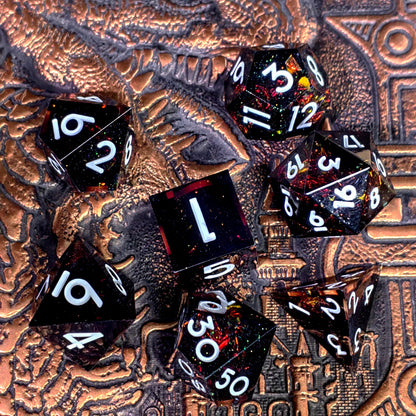 DnD Dice Set 7 Piece Polyhedral Resin Dice, Black with White Numbers for Dungeons and Dragons, RPG Games, D&D Tabletop Gaming