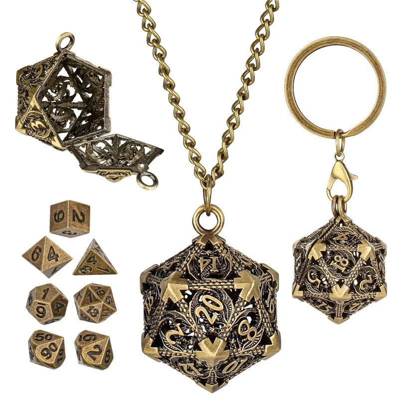 Portable Keychain with Hollow D20 Metal Case Tiny 7pcs Polyhedral Metal Dice Set Gaming Dices Accessory Necklace Pendant Chain