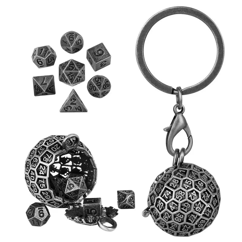 7pcs Tiny Metal Polyhedral Dice Set with Pendant Necklace Chain Key Ring Round D100 Storage Case Table Board Game Accessory