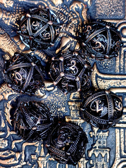 DnD Metal Dice Set - 7 Piece Zinc Alloy Dragon Pattern Polyhedral Dice for Dungeons and Dragons RPG - Red Copper Color