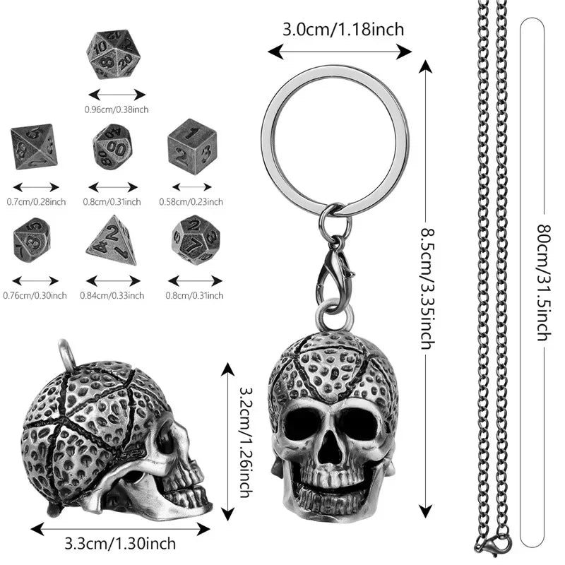 Gothic Portable Key Ring Necklace Chain with Hollow Skull Head Storage Case for 7pcs Tiny Polyhedral Dice Set Gaming Dices