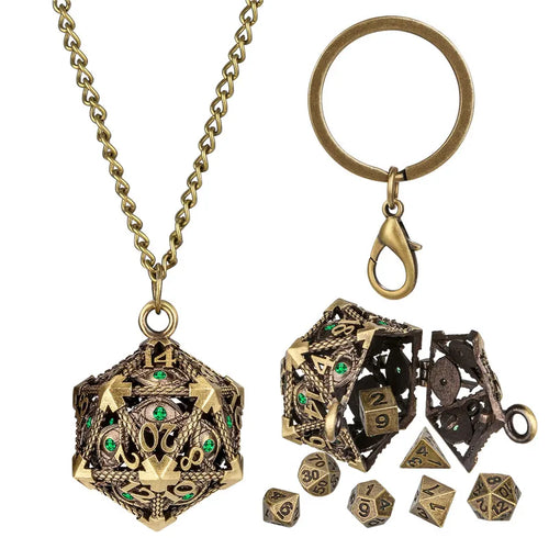 Retro Hollow D20 Case Pendant Key Ring 7pcs Mini Polyhedral Dice Set Role Play Gaming Dices Storage Case with Necklace Chain