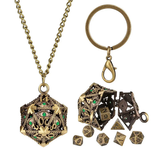 Retro Hollow D20 Case Pendant Key Ring 7pcs Mini Polyhedral Dice Set Role Play Gaming Dices Storage Case with Necklace Chain