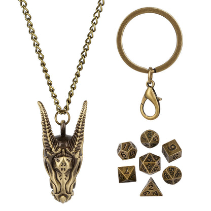 7pcs/set Tiny Polyhedral Dice with Pendant Key Ring Metal Dragon Head Case Role Play Gaming Dices Storage Case Necklace Chain