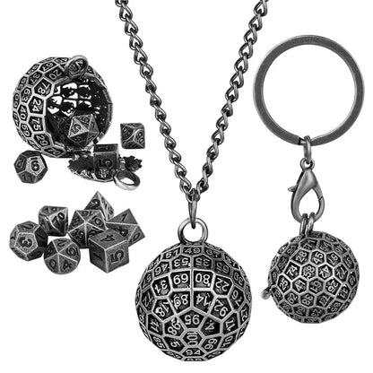 Portable Pendant Necklace Chain Key Ring Round D100 Storage Case for 7pcs Tiny Metal Polyhedral Dice Set Entertainment Accessory