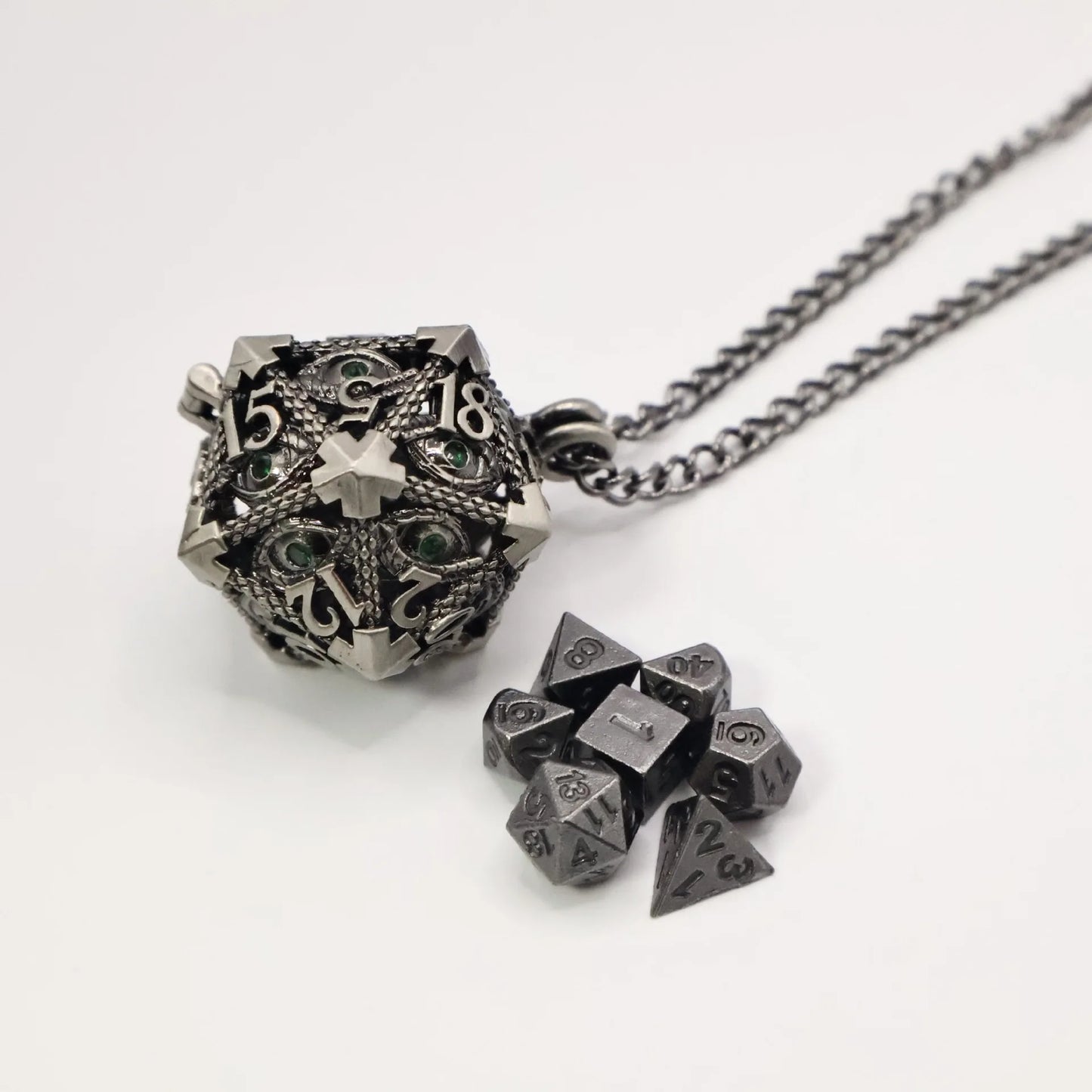 Diamond DND Dice Jewelry Necklace Hollow D20 Metal Case D20 Dragon metal Dice w/ Diamond Polyhedral Metal Dice Set Gaming Dices