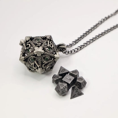 Diamond DND Dice Jewelry Necklace Hollow D20 Metal Case D20 Dragon metal Dice w/ Diamond Polyhedral Metal Dice Set Gaming Dices