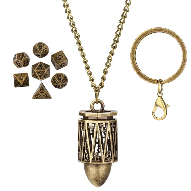 Portable Key Chain with Hollow D20 Metal Case Tiny 7pcs Polyhedral Metal Dice Set Gaming Dices Storage Case Necklace Chain
