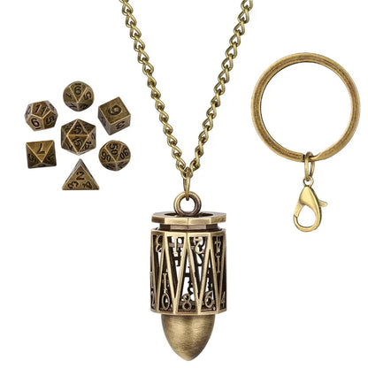 Portable Key Chain with Hollow D20 Metal Case Tiny 7pcs Polyhedral Metal Dice Set Gaming Dices Storage Case Necklace Chain
