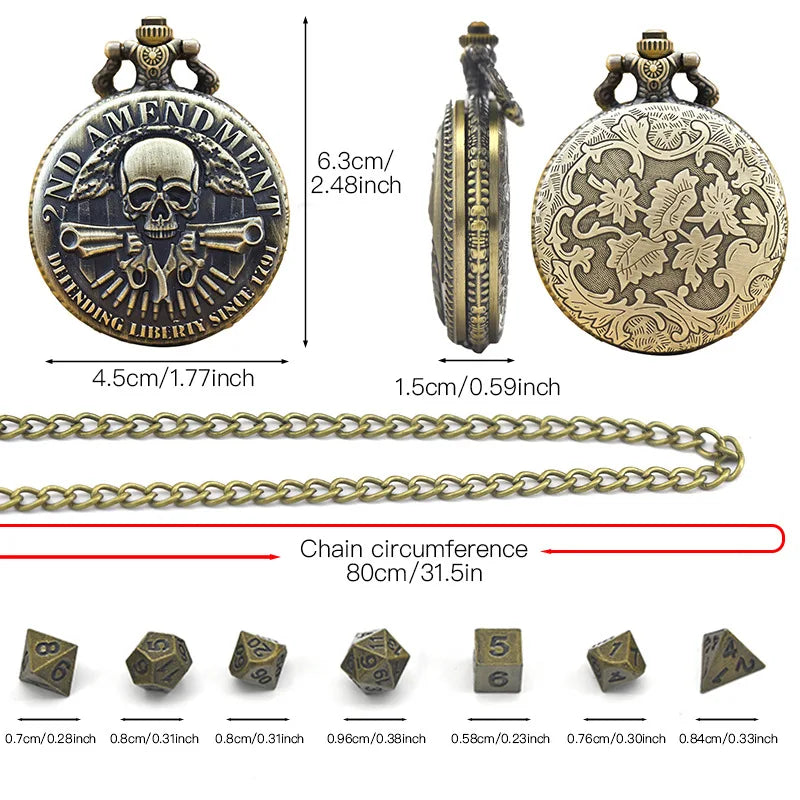 Vintage skull flap pocket watch box pendant mini metal polyhedron dice necklace board game accessories fashion anime accessories