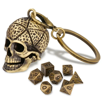 Gothic Portable Key Ring Necklace Chain with Hollow Skull Head Storage Case for 7pcs Tiny Polyhedral Dice Set Gaming Dices