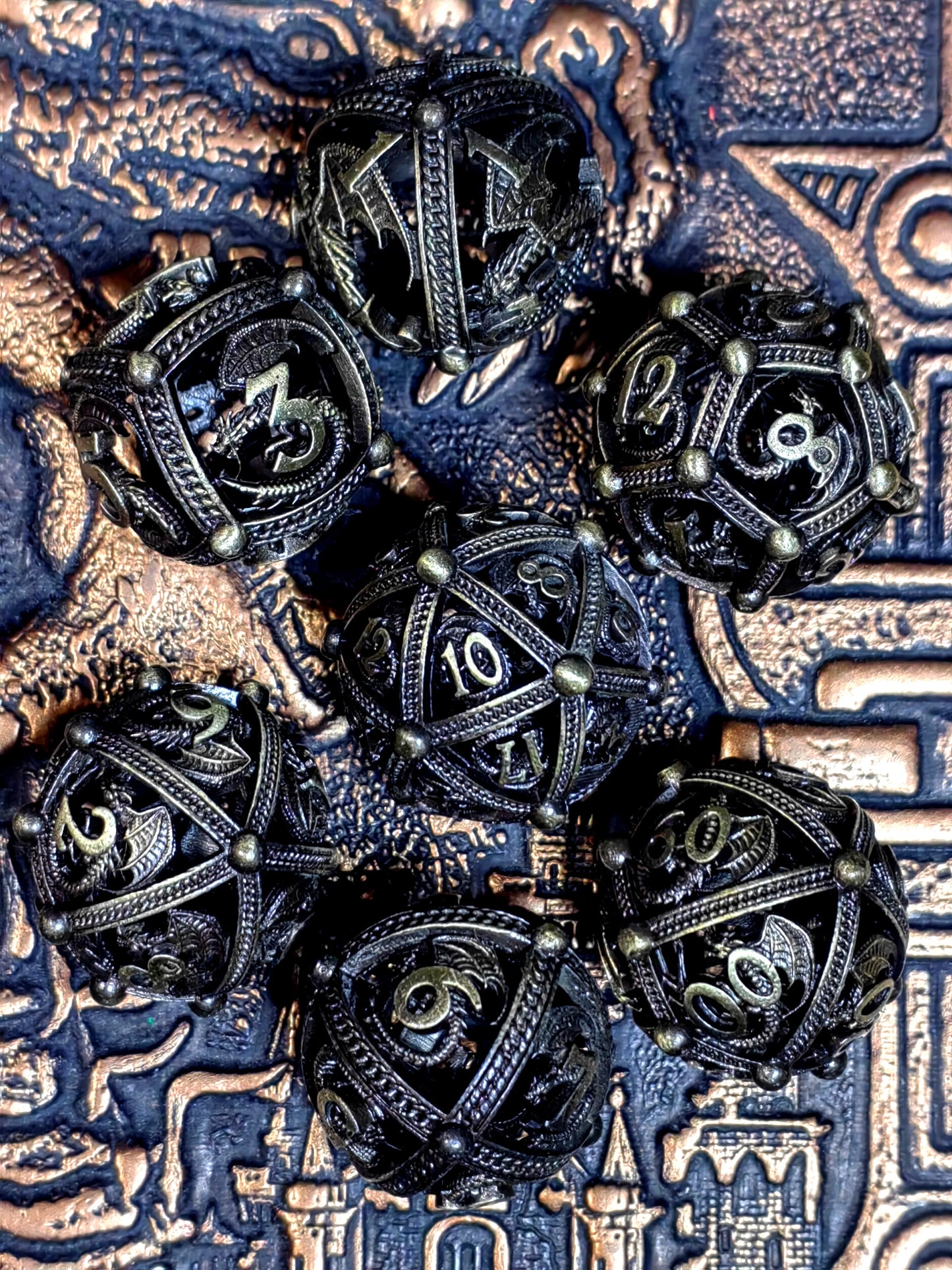 DnD Metal Dice Set - 7 Piece Zinc Alloy Dragon Pattern Polyhedral Dice for Dungeons and Dragons RPG - Red Copper Color