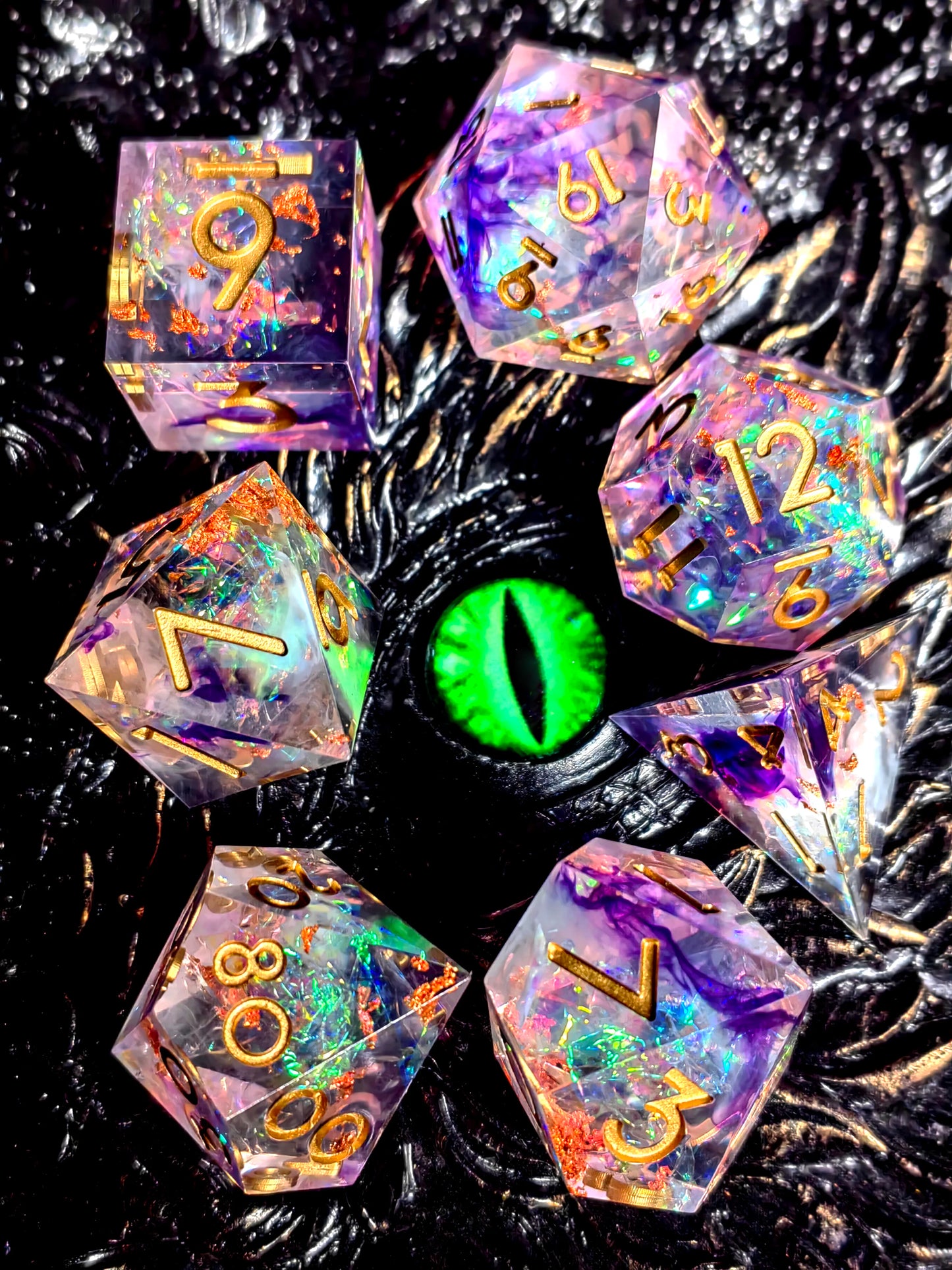 DnD Dice Set - Sharp Edge Resin Dice, Light Green with Gold Numbers, Perfect for Dungeons & Dragons, Tabletop RPG