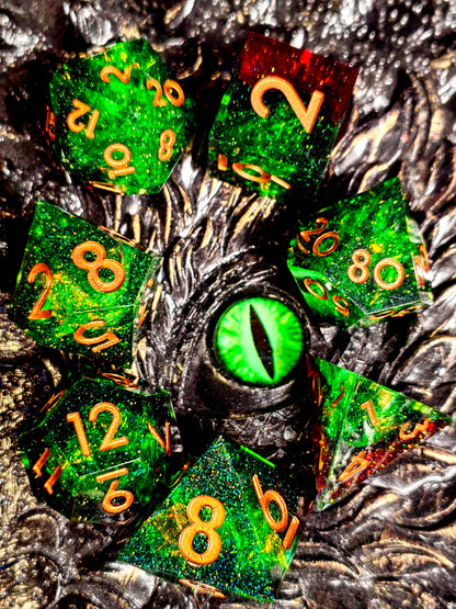 DnD Dice Set - Sharp Edge Resin Dice, Light Green with Gold Numbers, Perfect for Dungeons & Dragons, Tabletop RPG
