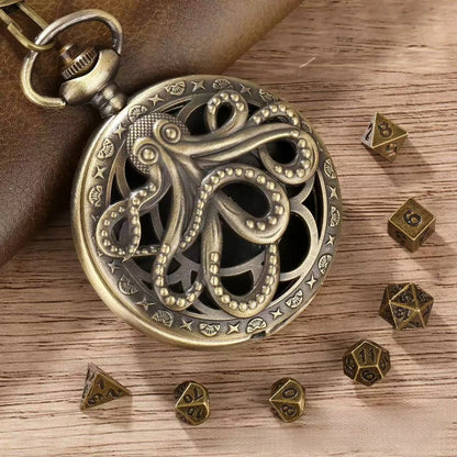 Vintage Octopus Pocket Watch Box 7 Pieces Mini Metal Polyhedron Dice Pendant Necklace Party Board Game Accessories Kids Gifts
