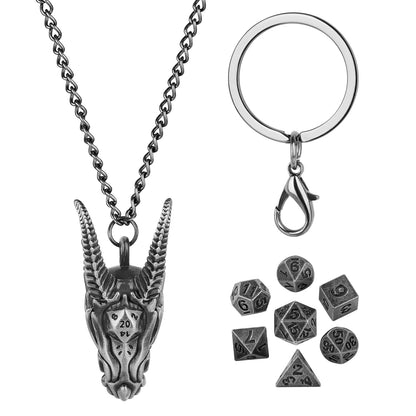 Cool Key Ring with Metal Dragon Head Case 7pcs Mini Polyhedral Dice Set Role Play Gaming Dices Storage Case with Necklace Chain