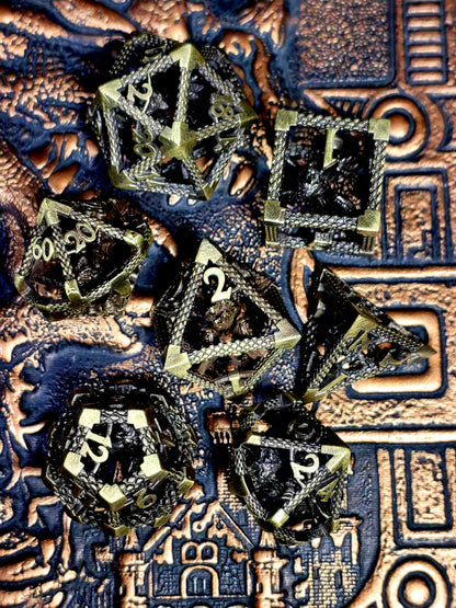 DnD Metal Dice Set - 7 Piece Zinc Alloy Dice with Skull Pattern, Antique Bronze, for Dungeons & Dragons, RPG Tabletop Games