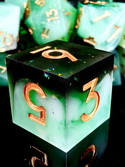 DnD Dice Set - Sharp Edge Resin Dice, Light Green with Gold Numbers, Perfect for Dungeons & Dragons, Tabletop RPG