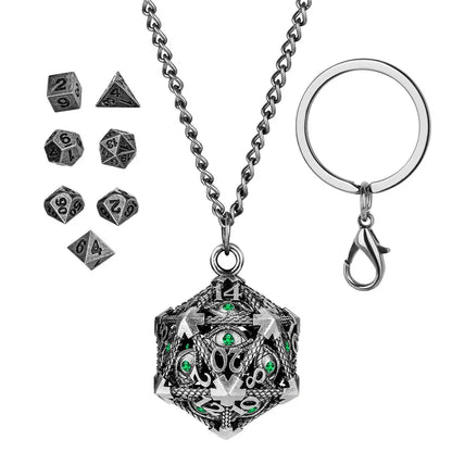 Retro Hollow D20 Case Pendant Key Ring 7pcs Mini Polyhedral Dice Set Role Play Gaming Dices Storage Case with Necklace Chain