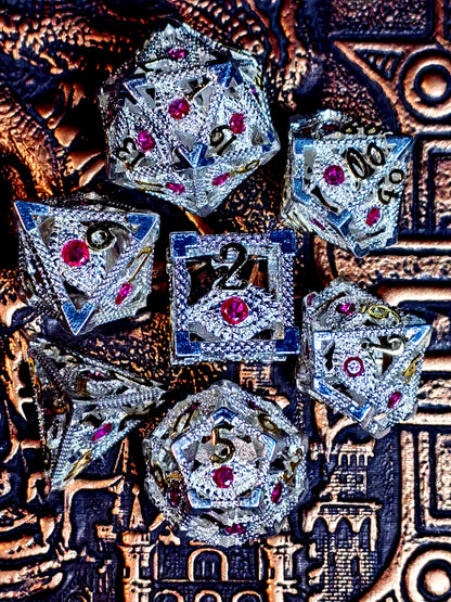 DnD Metal Dice Set - 7 Piece Zinc Alloy Polyhedral Dice with Bright Silver & Gold Numbers for Dungeons and Dragons RPG Games