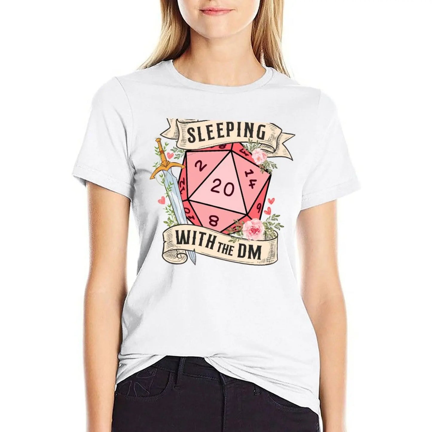 SLEEPING WITH THE DUNGEON MASTER: Cute D20 dnd dice with flowers and sword T-Shirt funnys Women clothes