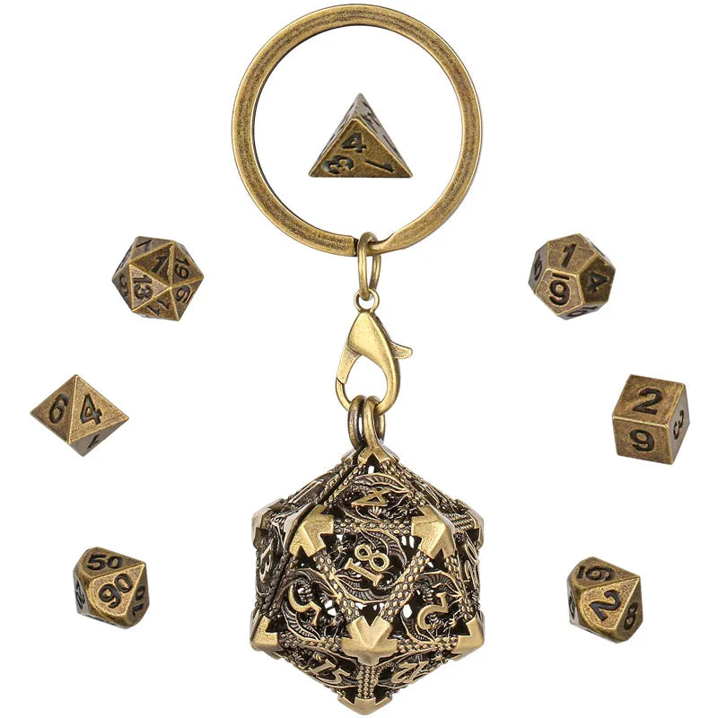 Portable Keychain with Hollow D20 Metal Case Tiny 7pcs Polyhedral Metal Dice Set Gaming Dices Accessory Necklace Pendant Chain
