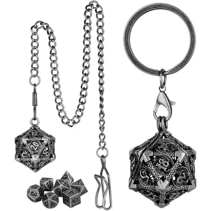 Portable Keychain with Hollow D20 Metal Case Tiny 7pcs Polyhedral Metal Dice Set Gaming Dices Accessory Necklace Pendant Chain