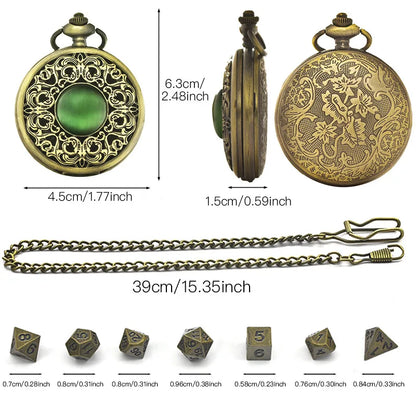 Vintage Emerald Flap Pocket Watch Box Mini Metal Polyhedron Bronze Dice Necklace， Board Game Accessories, Children's Gifts